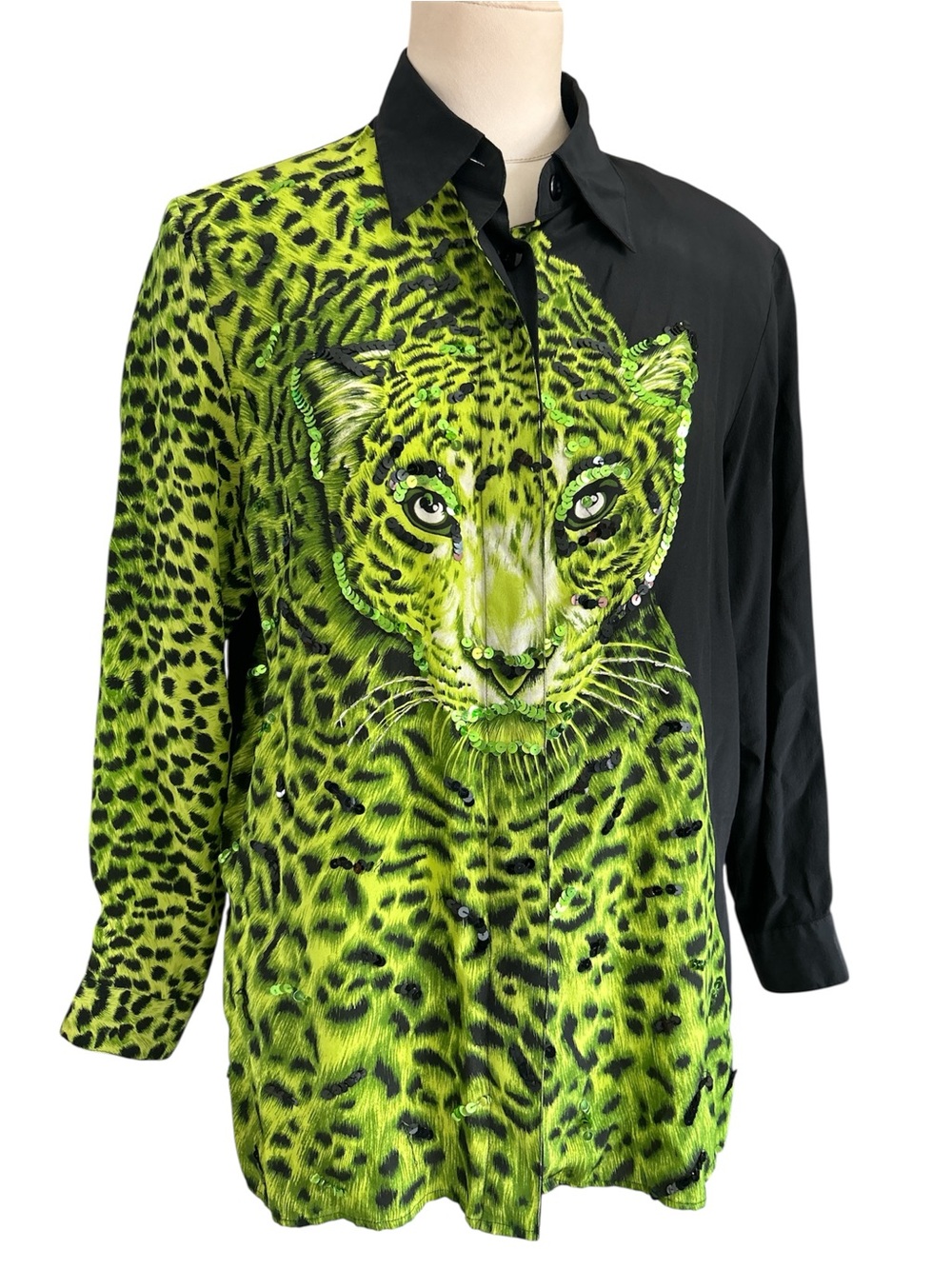 Vintage Diane Gilman neon green silk, a leopard sequin button down blouse M
